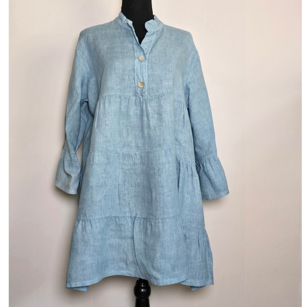 Meo Meli Women's Linen Tiered Tunic Dress Light Blue Made in Italy lagenlook